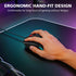 Hand using an ergonomic gaming mouse on a desk with text about comfort during gaming sessions.