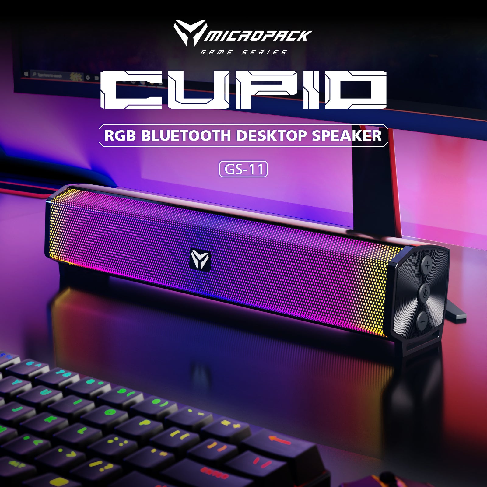 RGB Bluetooth desktop speaker with Micropack branding on a gaming setup.