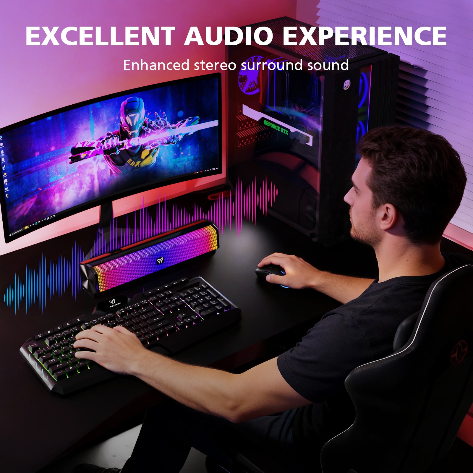 Person using a gaming setup with dual monitors and high-tech equipment, emphasizing an excellent audio experience.
