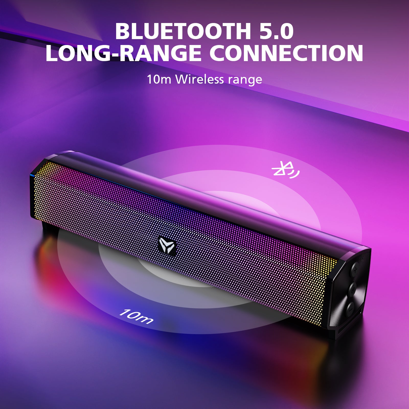 Bluetooth speaker with 'Bluetooh 5.0 Long-Range Connection' text on a purple background