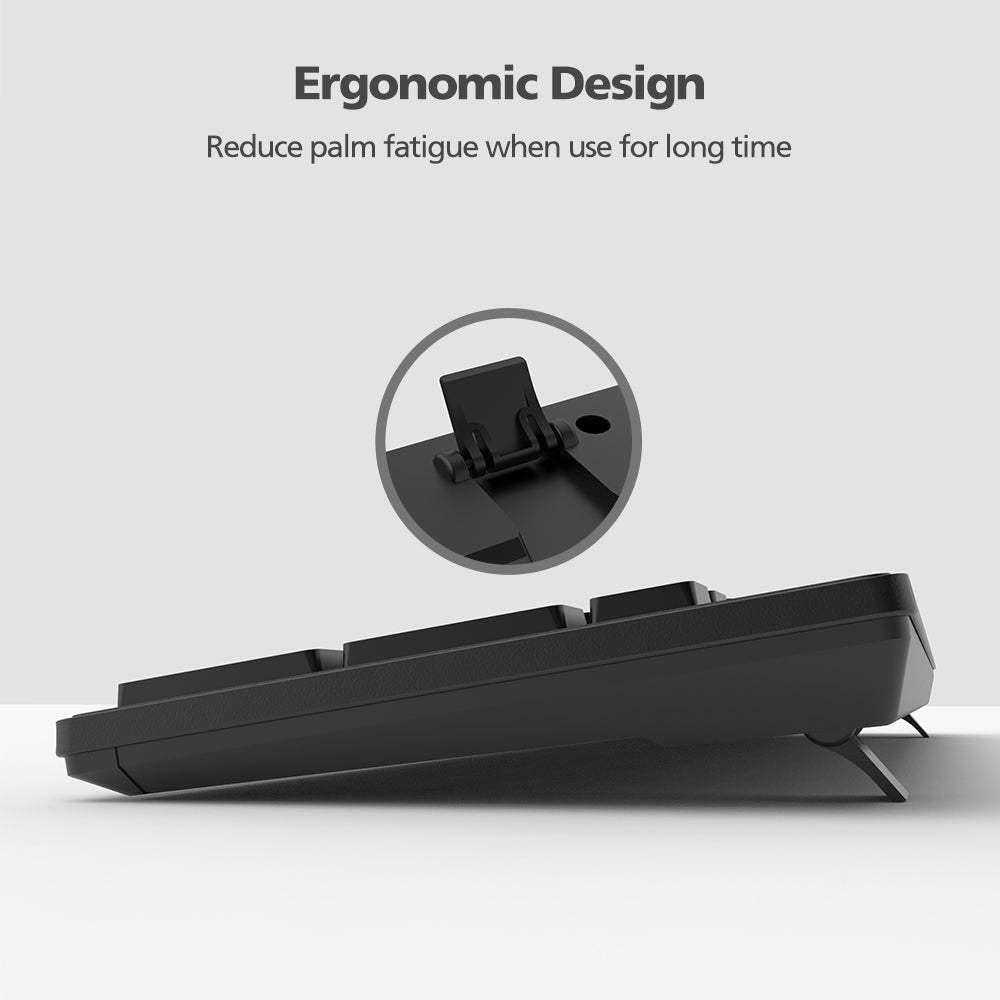 Ergonomic keyboard with text on an off-white background