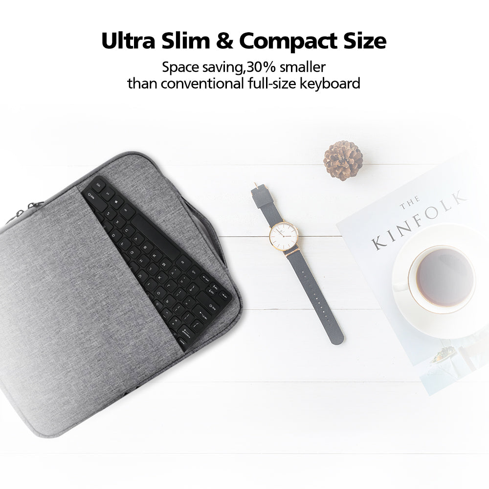 Ultra slim keyboard in a gray case on a white surface with text highlighting its size.