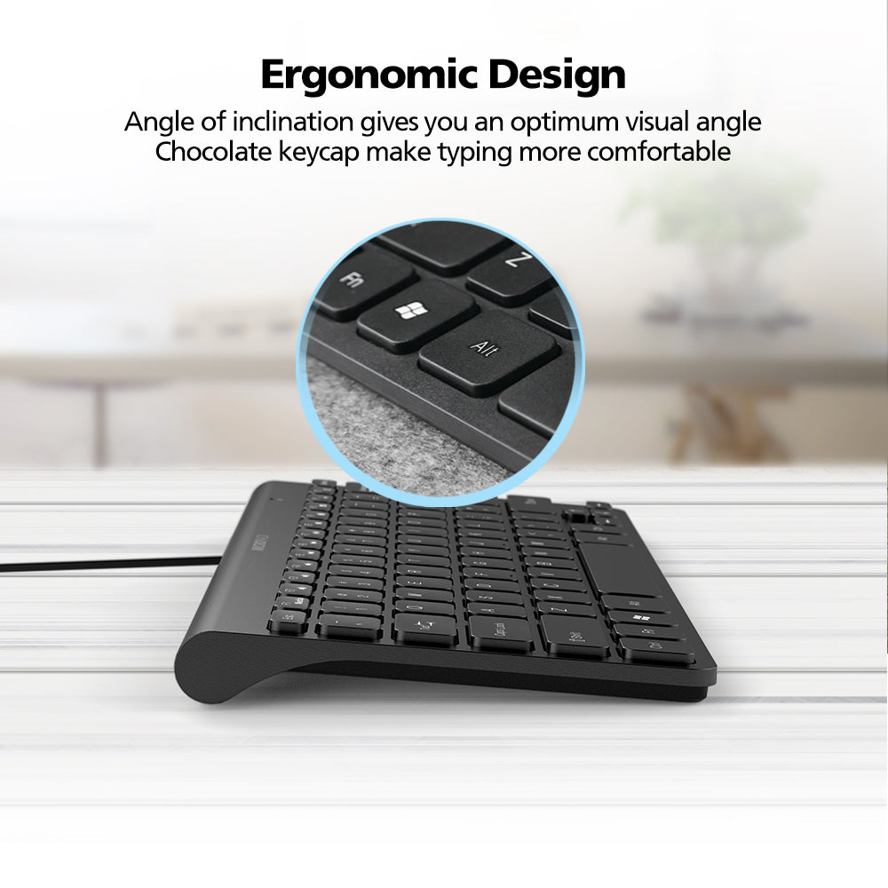 Ergonomic keyboard with text highlighting its design features on a blurred background
