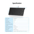 Black keyboard with specifications listed on a white background