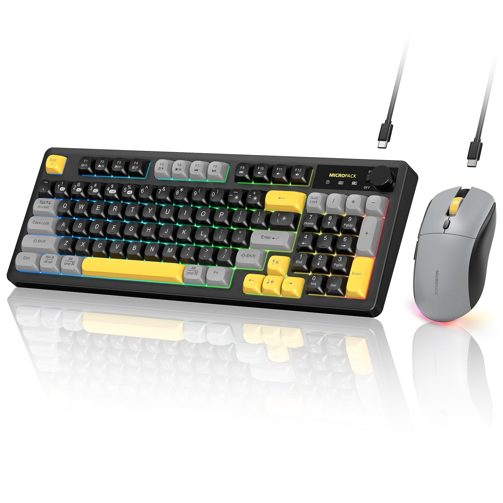 Keyboard and mouse set with yellow keycaps on a white background