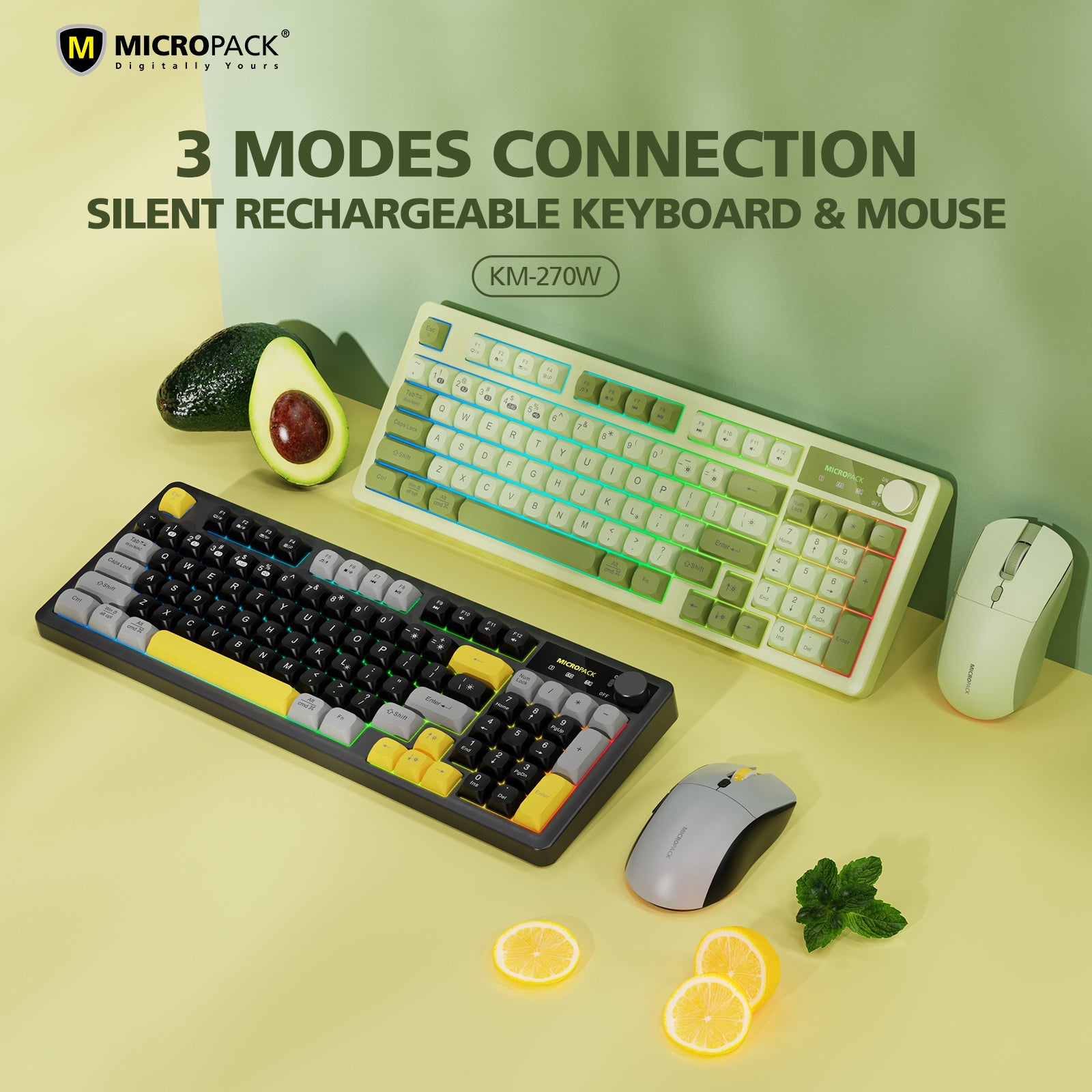 Keyboard and mouse set with avocado and lemon on a light green background, featuring Micropack branding.