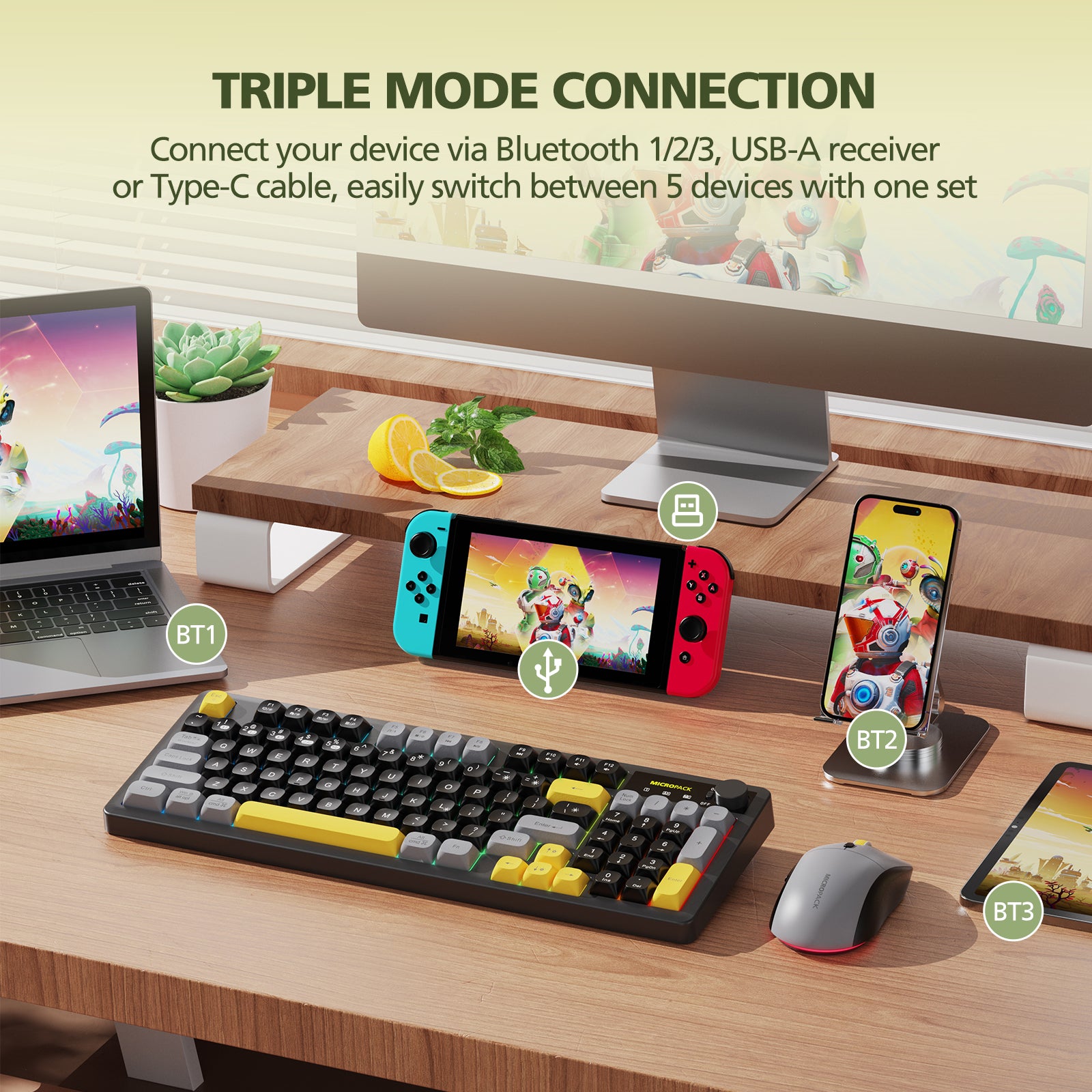 Gaming setup with keyboard, mouse, and multiple devices on a desk.