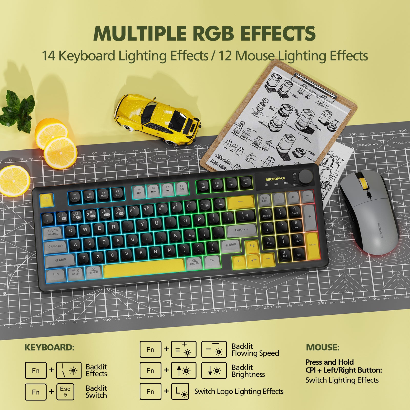 Mechanical keyboard with RGB lighting effects on a yellow background