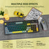 Mechanical keyboard with RGB lighting effects on a yellow background