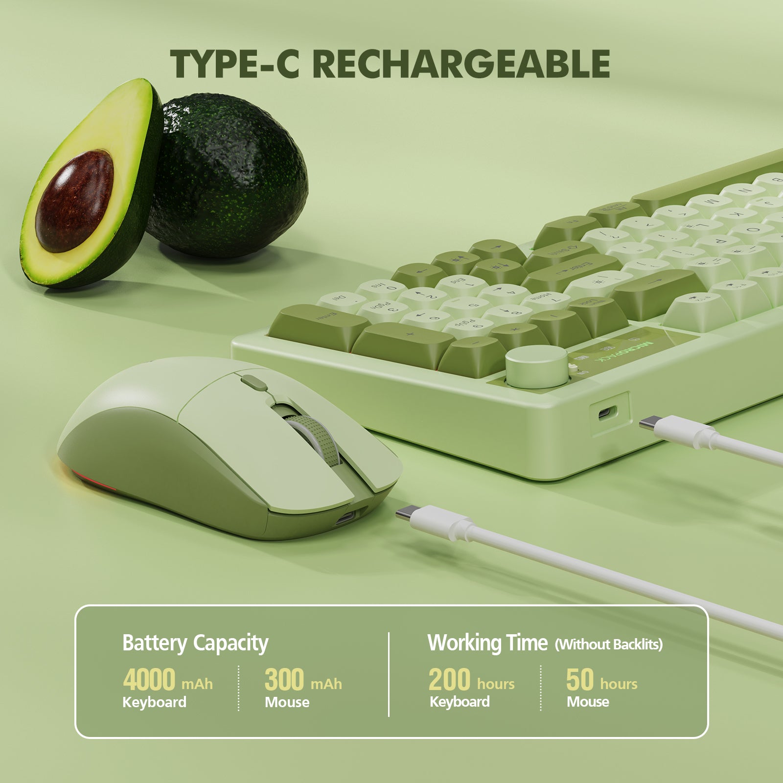Green keyboard and mouse set with avocado on a green background