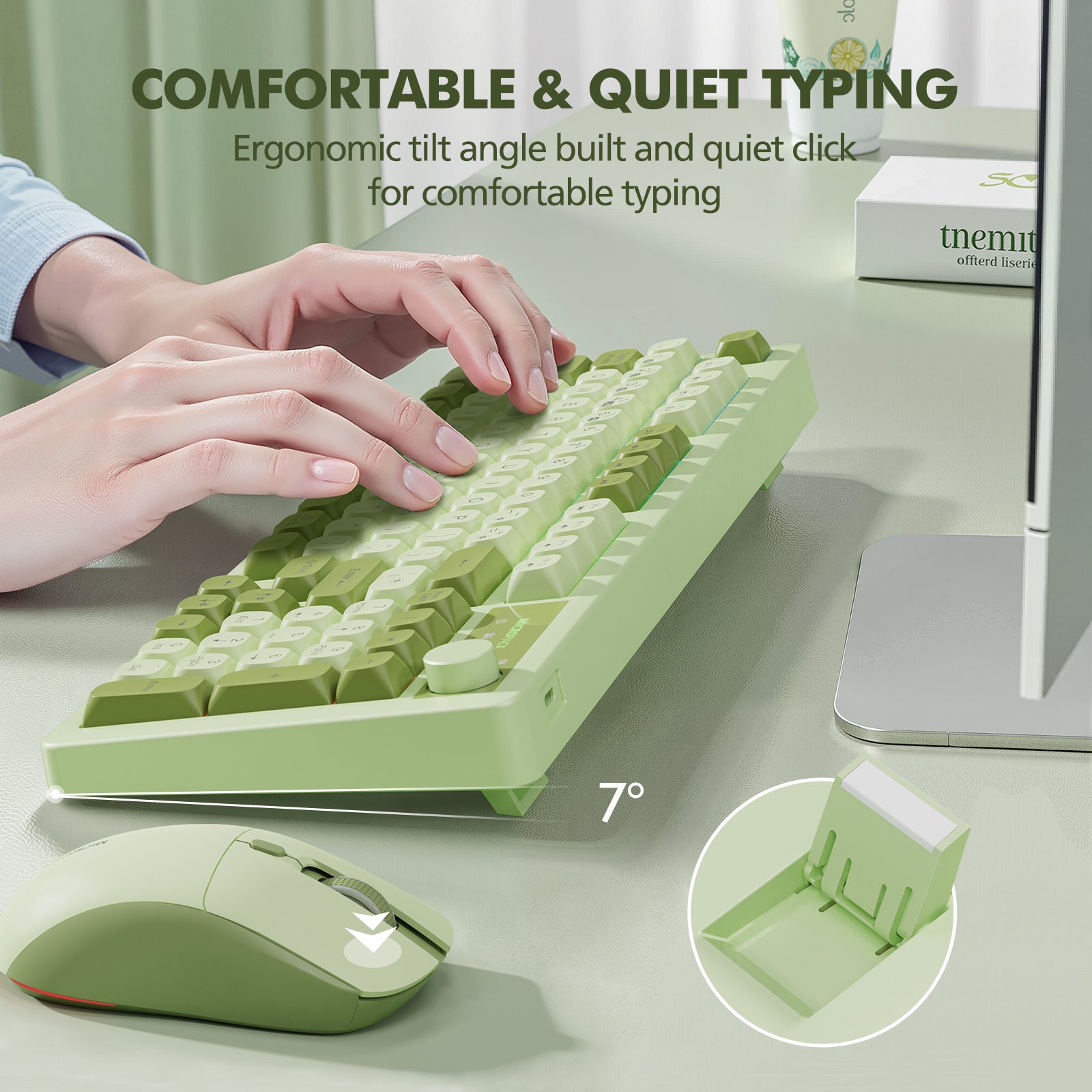 Green ergonomic keyboard and mouse set on a desk with text highlighting comfort and quiet typing.