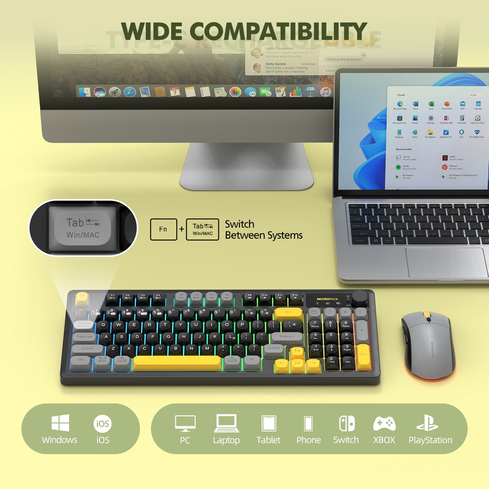 Keyboard and mouse setup with compatibility text on a yellow background