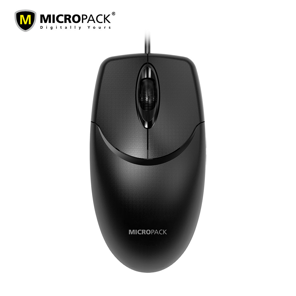 Black computer mouse with Micropack branding on a white background