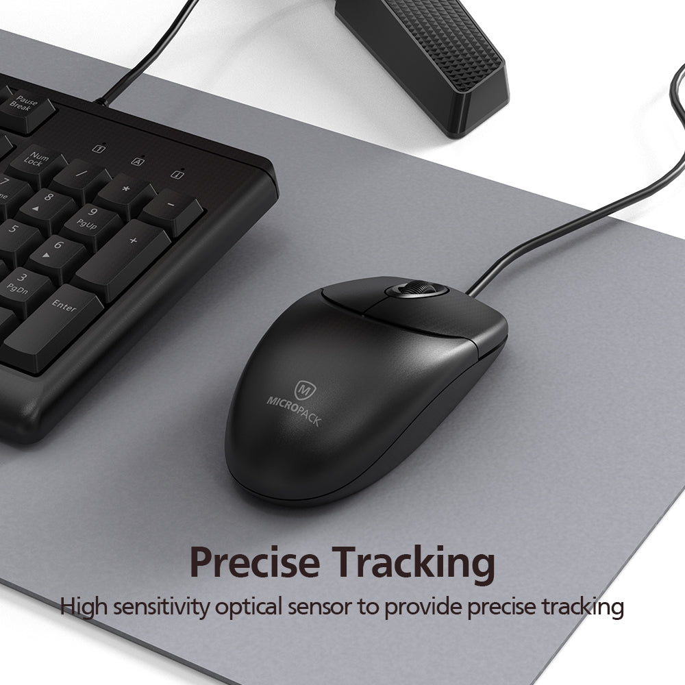 Black computer mouse on a desk with keyboard and text about precise tracking.
