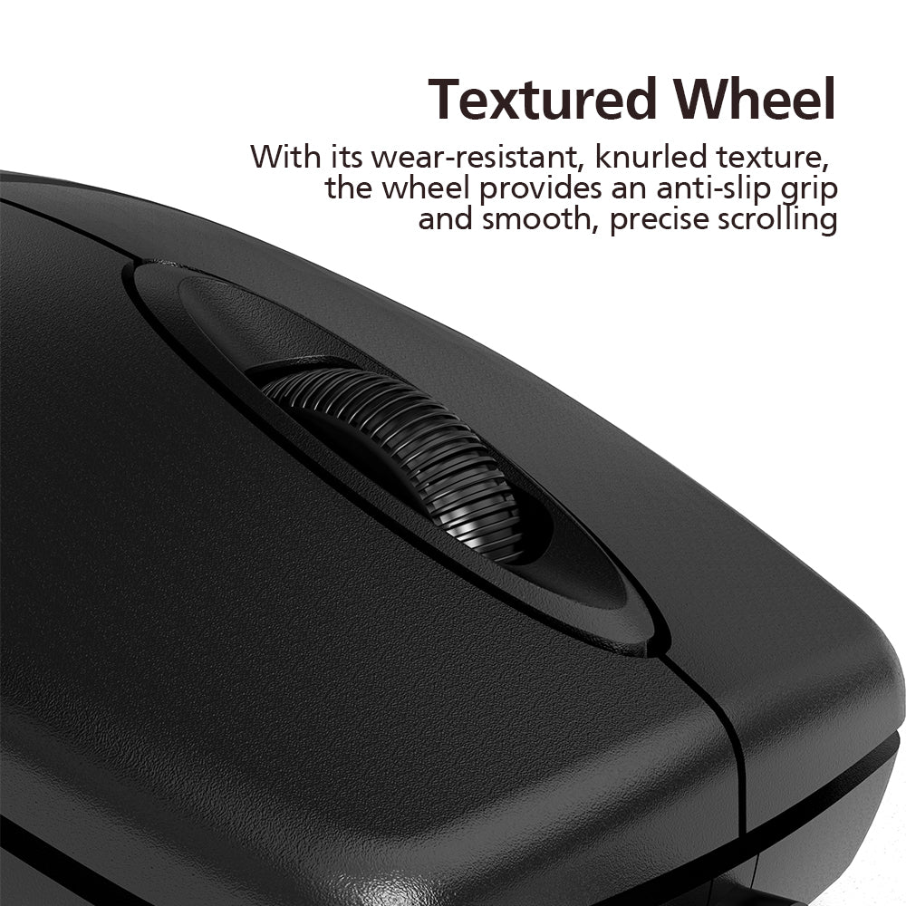 Black computer mouse with textured wheel on a white background