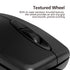 Black computer mouse with textured wheel on a white background