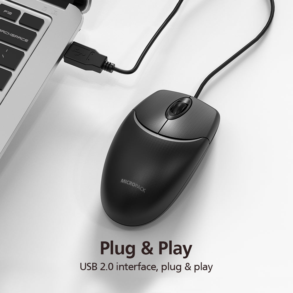 Black computer mouse with USB cable connected to a laptop on a white background