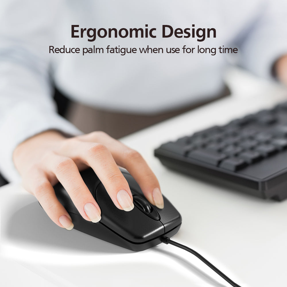 Ergonomic mouse being used with text about reducing palm fatigue.