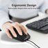 Ergonomic mouse being used with text about reducing palm fatigue.
