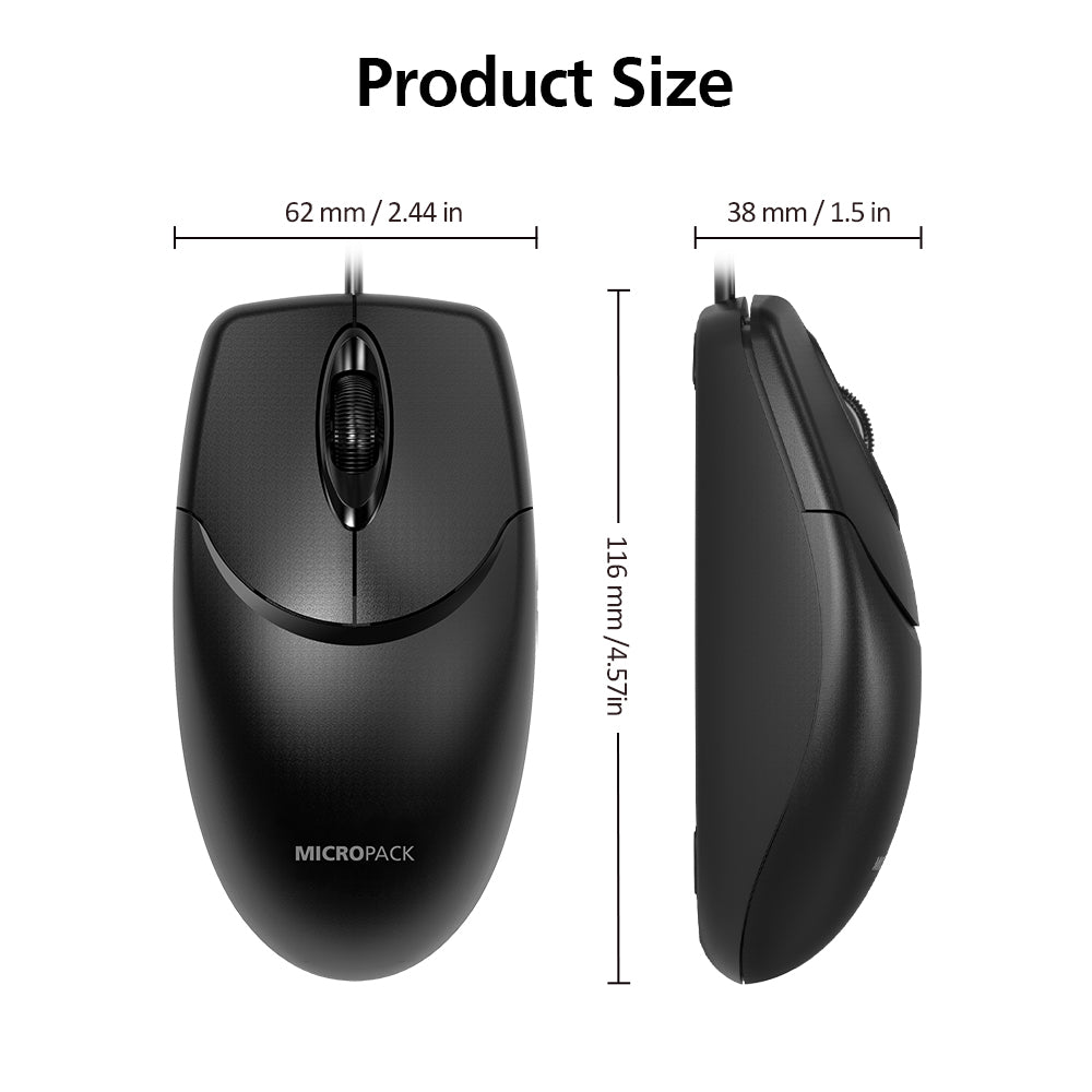 Black computer mouse with dimensions labeled on a white background