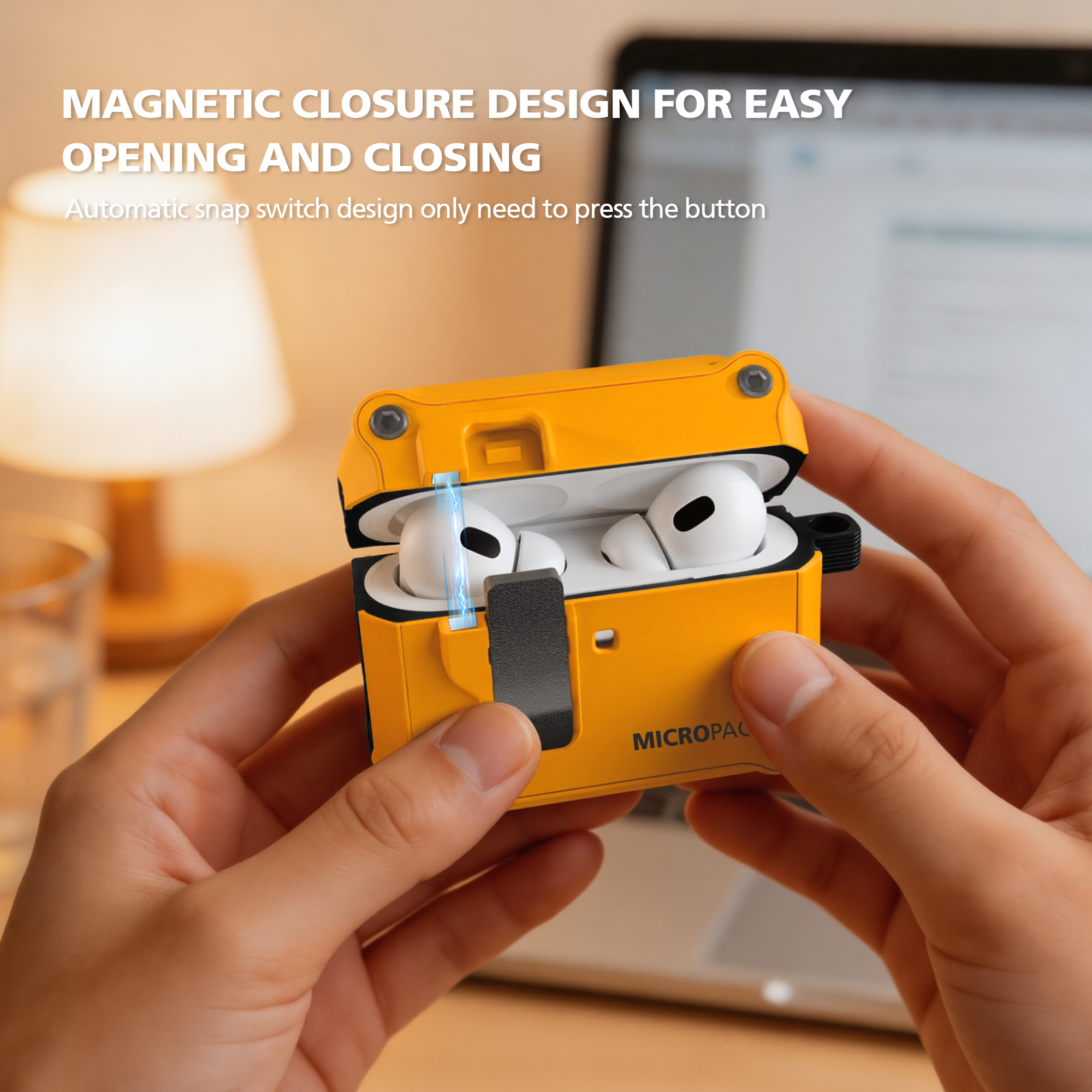 Orange case with wireless earbuds held by hands, with text about magnetic closure design.
