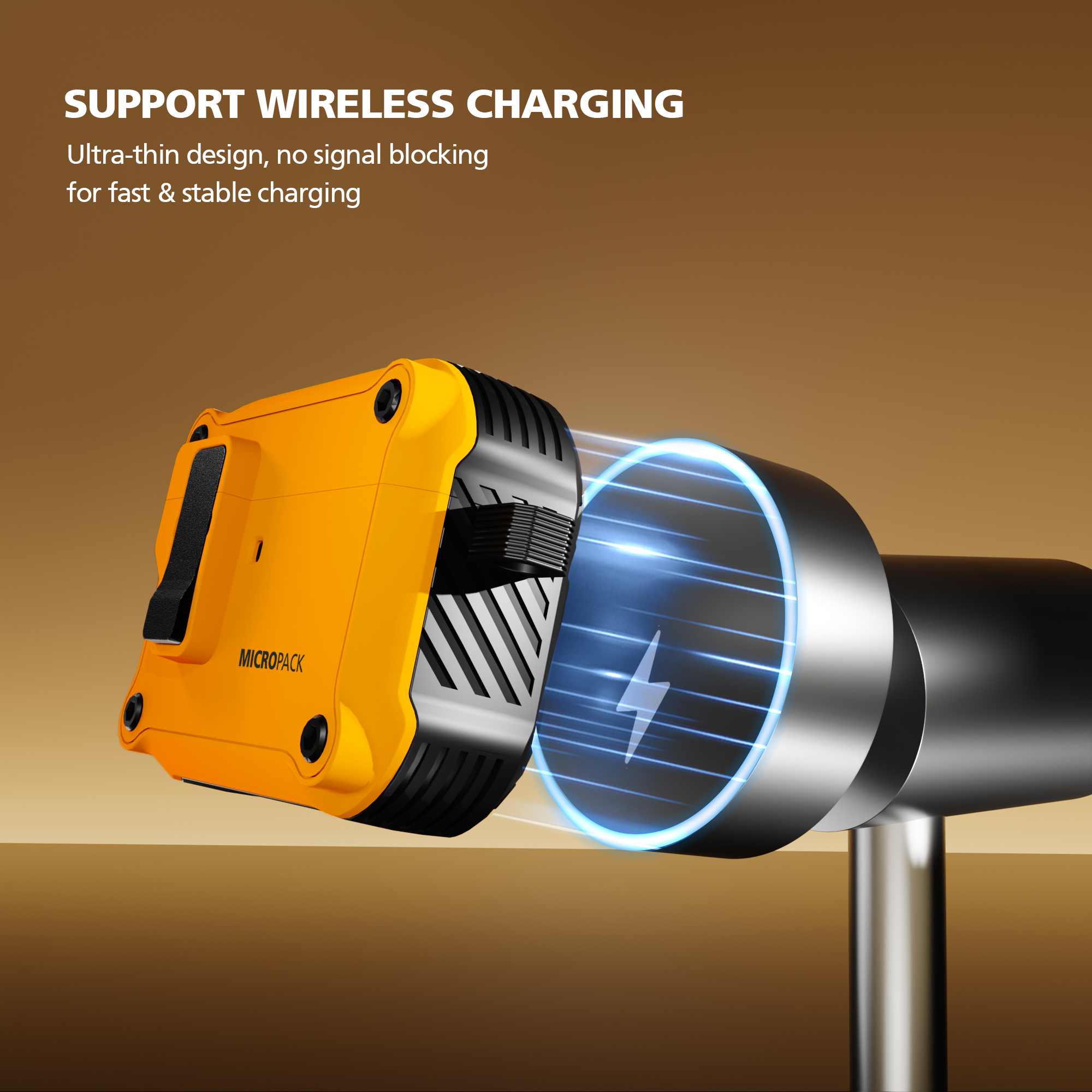 Wireless charging device with solar panel on a brown background