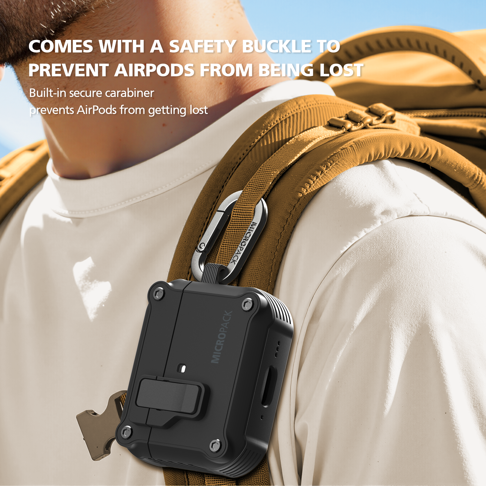 Person wearing a backpack with a safety buckle and carabiner attached, featuring text about preventing AirPods from being lost.