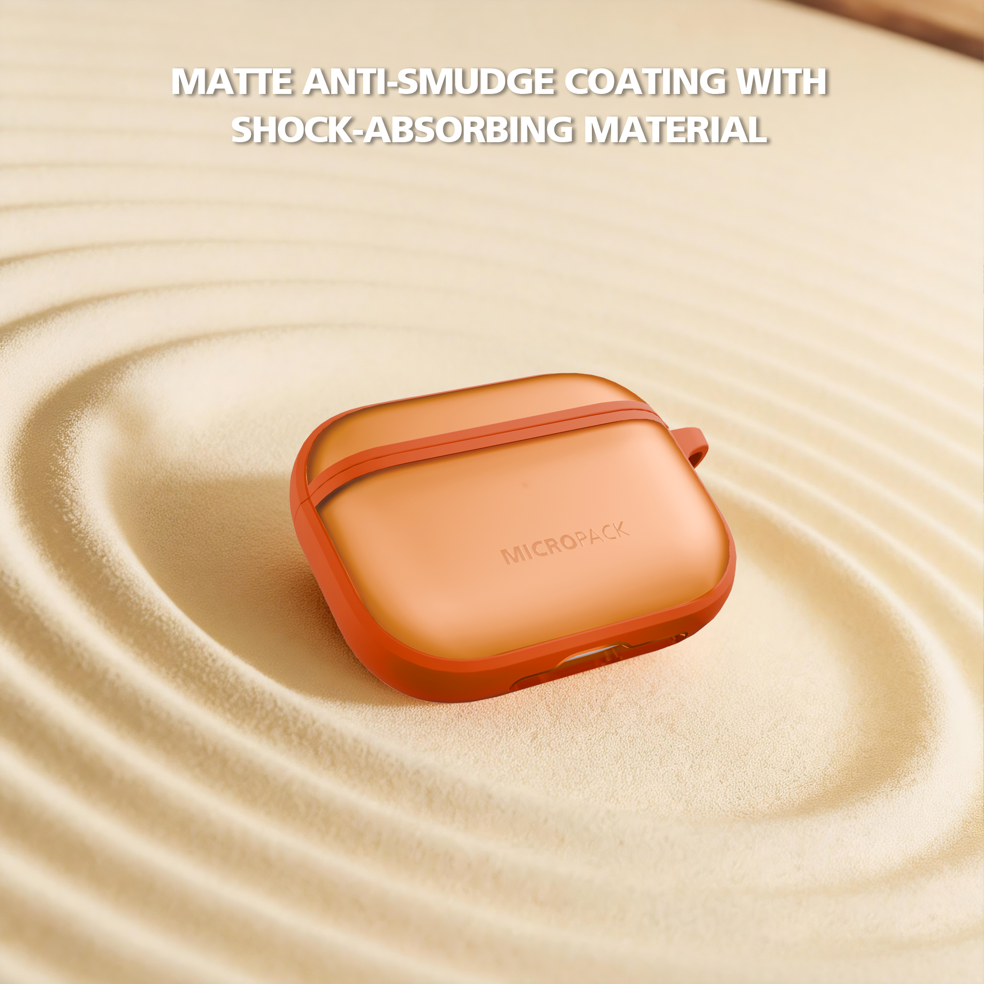 Orange case with 'MICROPACK' branding on a sandy background, featuring text about anti-smudge coating and shock-absorbing material.