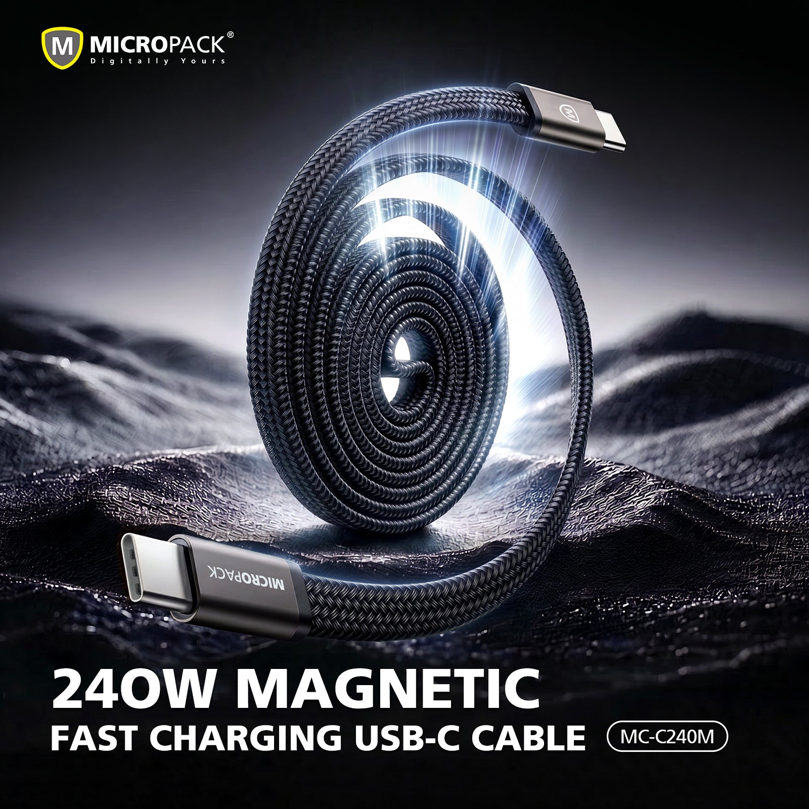 240W magnetic fast charging USB-C cable with Micropack branding on a dark background