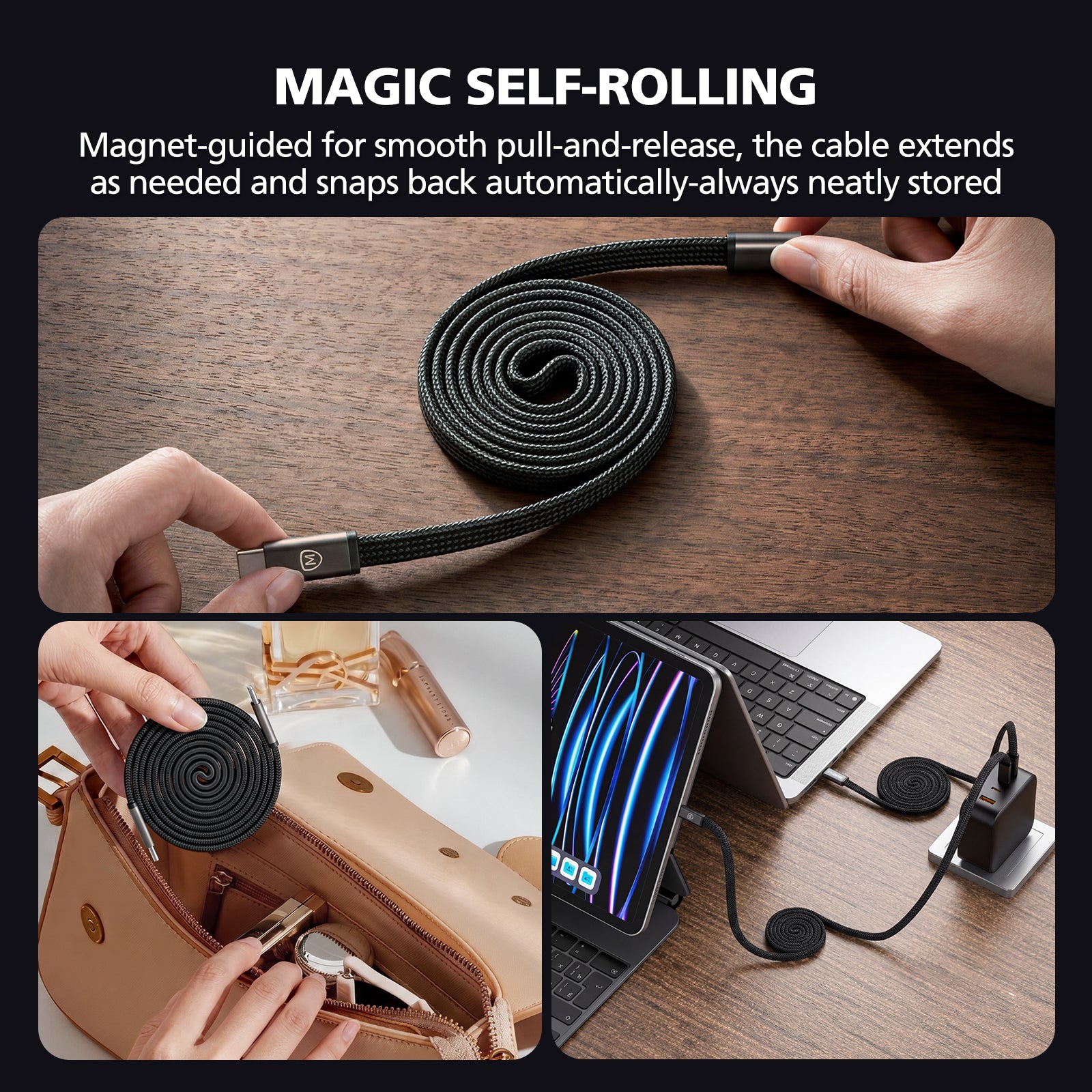 Magic self-rolling cable with text explaining its features on a wooden surface.