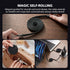 Magic self-rolling cable with text explaining its features on a wooden surface.