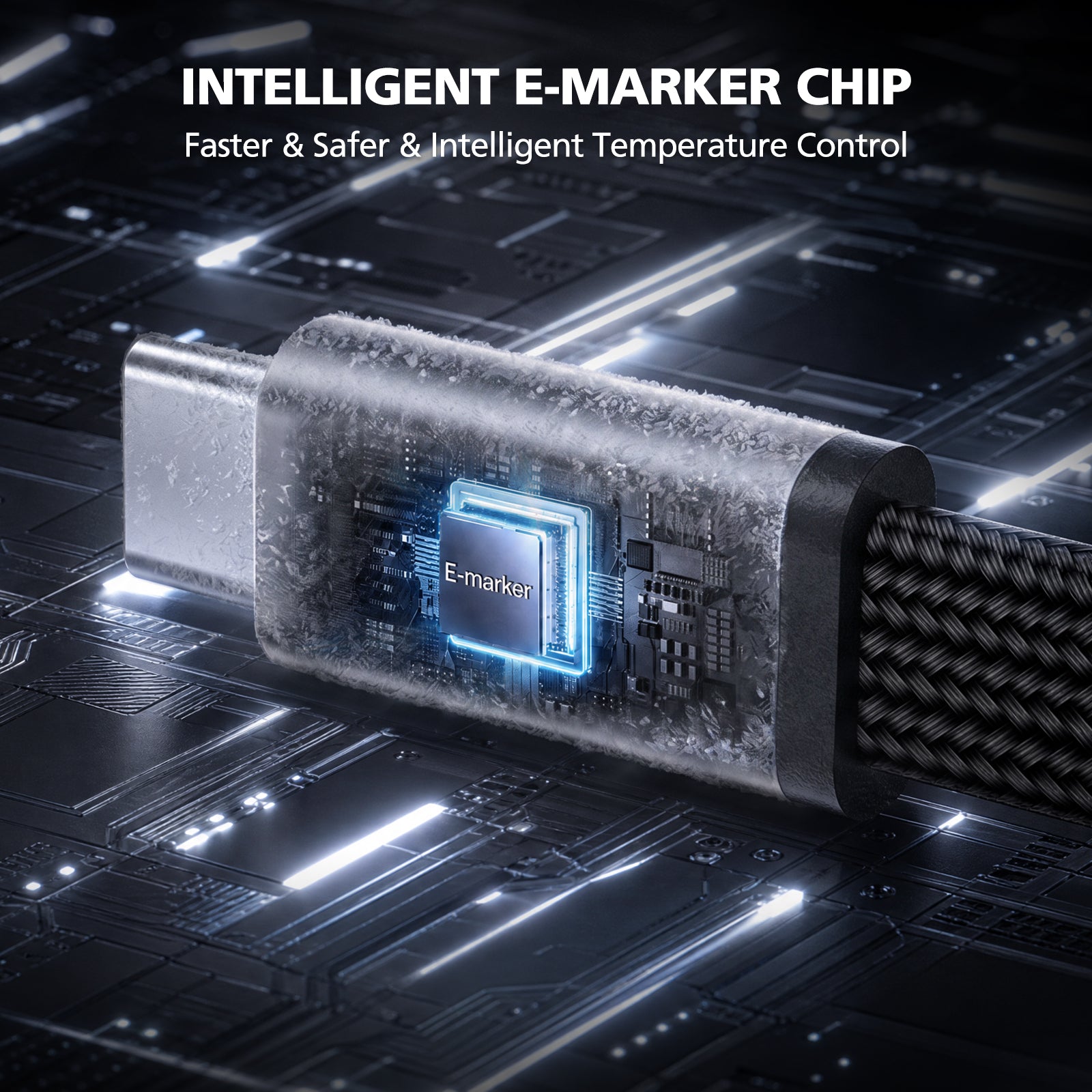 Intelligent E-Marker Chip on a dark background with text highlighting its features.