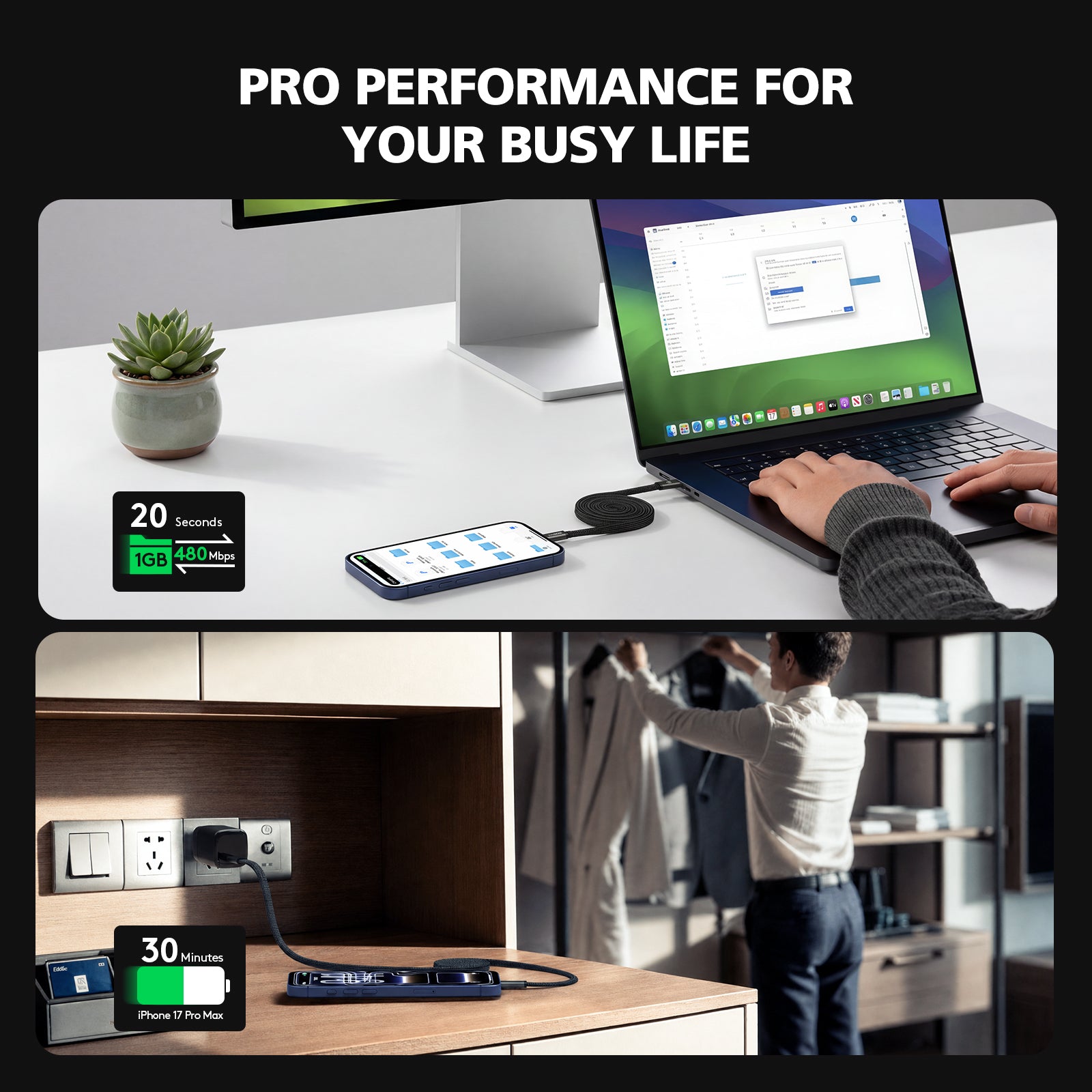 Collage of a person working at a desk with technology, a close-up of a device, and people in an office setting.