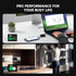 Collage of a person working at a desk with technology, a close-up of a device, and people in an office setting.