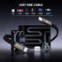 Black USB cable with electronic devices on a dark background, featuring 'Just One Cable' text.