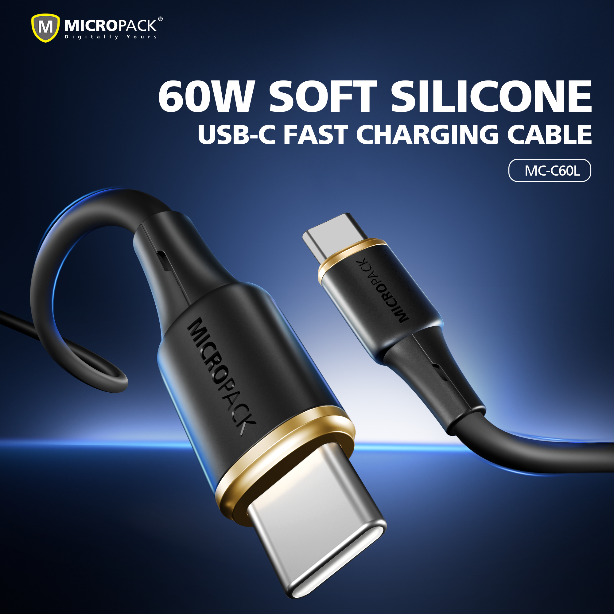 60W Soft Silicone USB-C fast charging cable with Micropack branding on a blue gradient background