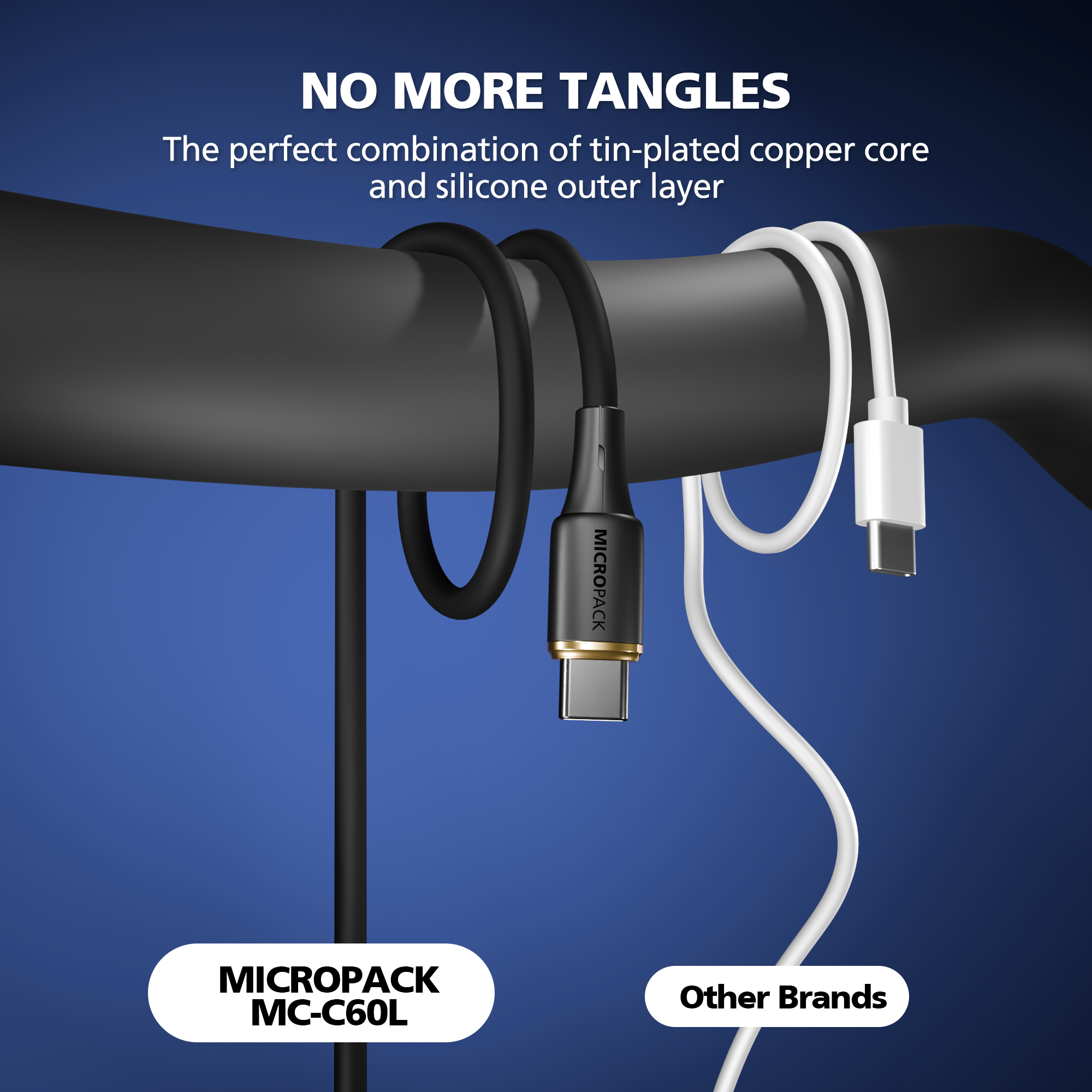 Cable with tin-plated copper core and silicone outer layer, featuring Micropack MC-C60L cable on a blue background.
