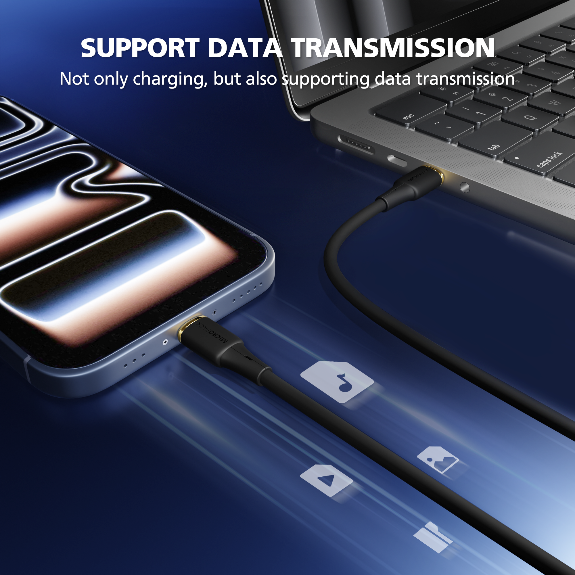 Laptop and smartphone connected by a cable with text 'Support Data Transmission' on a blue background.