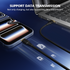 Laptop and smartphone connected by a cable with text 'Support Data Transmission' on a blue background.