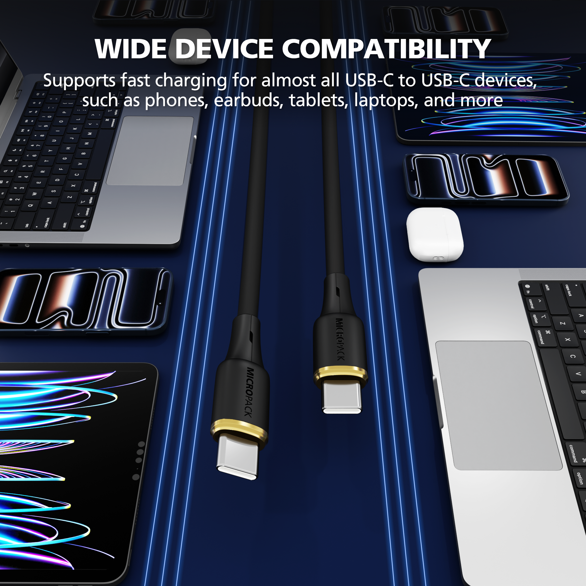 USB-C cable with devices on a blue background, highlighting compatibility.
