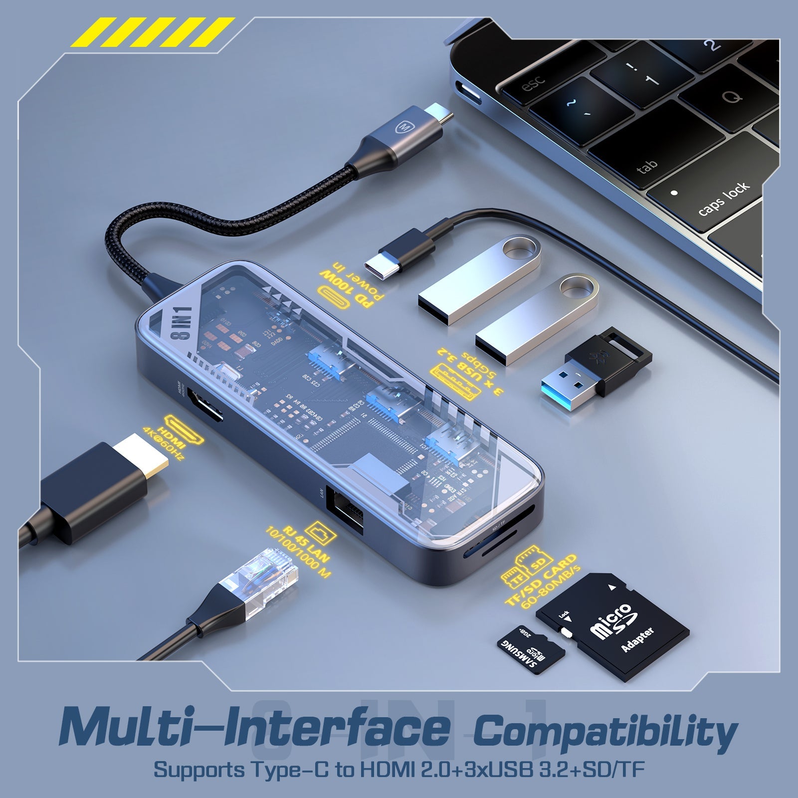 Wholesale USB C Hub 8 in 1 Multiport Adapter MDC-N8T gray