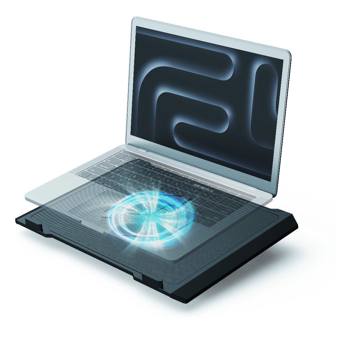 Laptop cooling pad with glowing fan on a white background