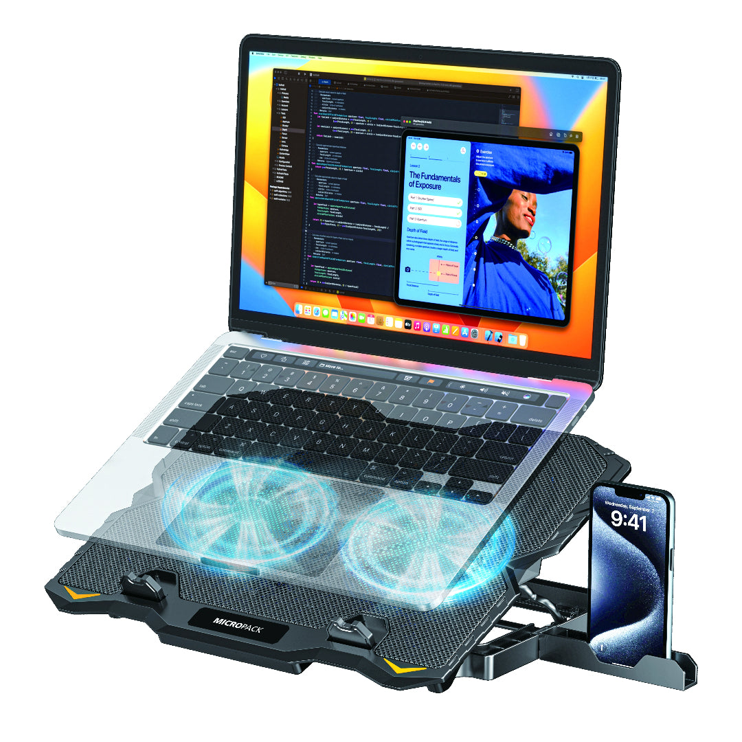 Laptop on a cooling stand with multiple fans, displaying a colorful screen.