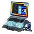 Laptop on a cooling stand with multiple fans, displaying a colorful screen.