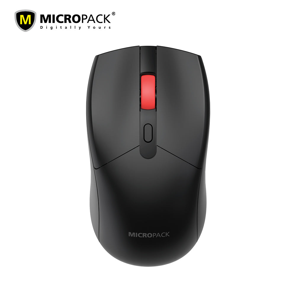 Black computer mouse with red scroll wheel on a white background, featuring the Micropack logo.
