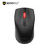 Black computer mouse with red scroll wheel on a white background, featuring the Micropack logo.