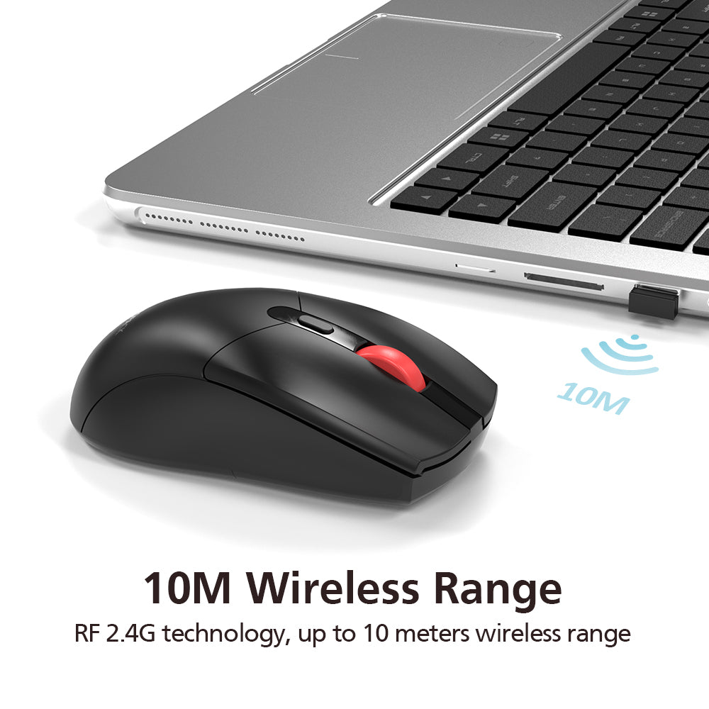 Black wireless mouse with red scroll wheel next to a laptop on a white background, with text about wireless range.