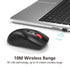Black wireless mouse with red scroll wheel next to a laptop on a white background, with text about wireless range.