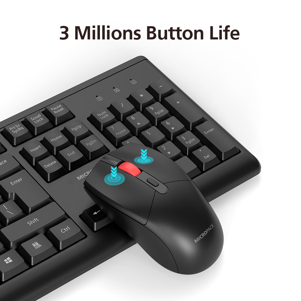 Black keyboard and mouse set with '3 Millions Button Life' text on a white background