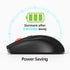 Black computer mouse with power saving feature graphic on a white background